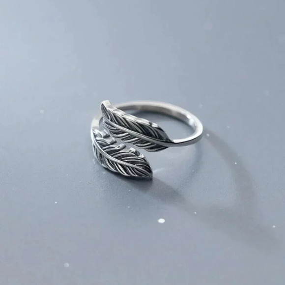 925 Sterling Silver Minimalist Feather Wrap Ring Leaf Adjustable Geometric Ring - Picture 5 of 5